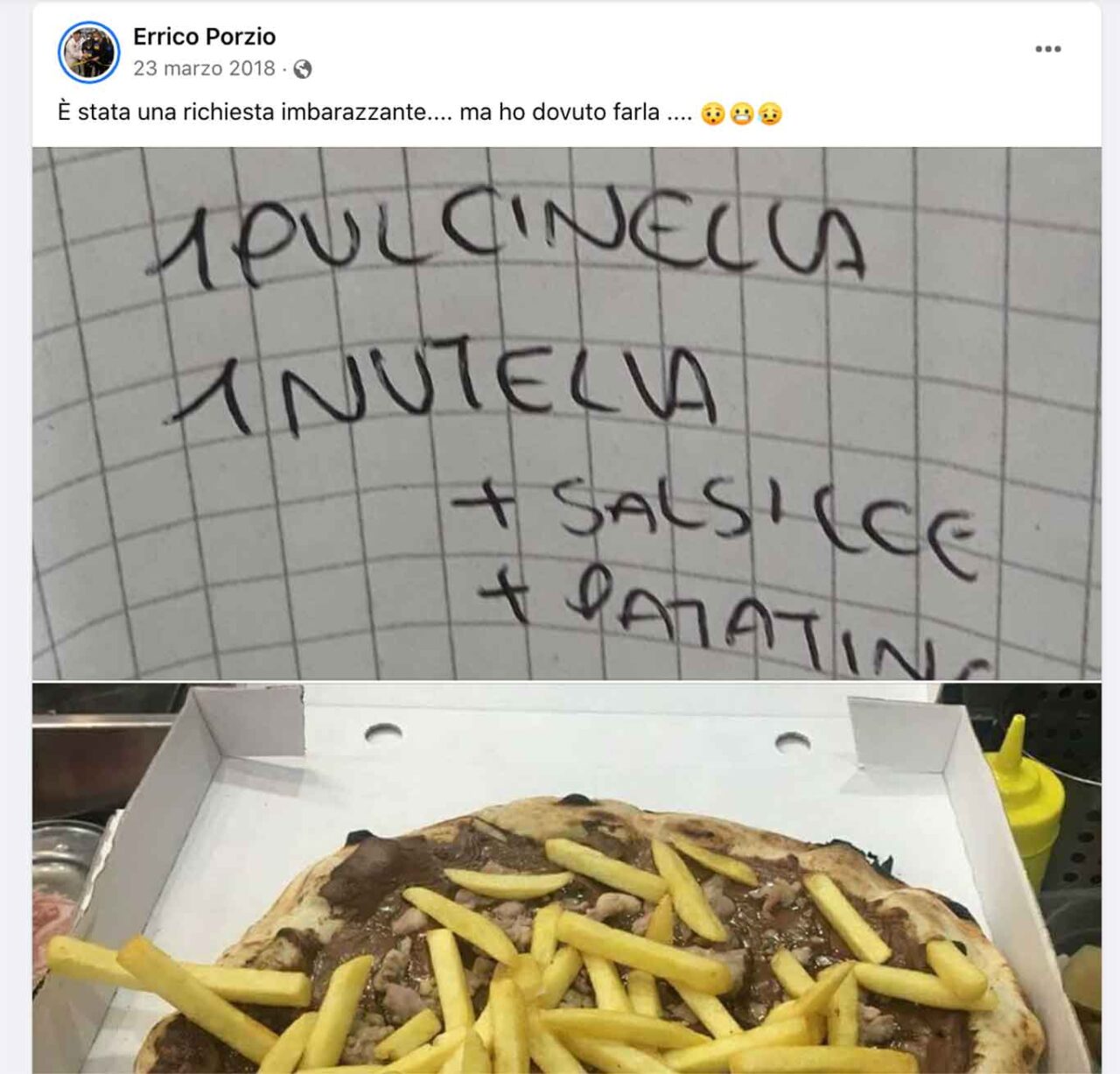 pizza Errico Porzio con nutella e salsicce